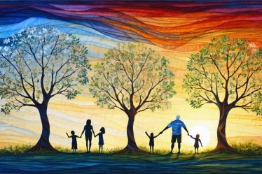 A conceptual illustration of a family tree depicting various stages of parenthood, including pregnancy, parenting young children, supporting teenagers, and enjoying empty nest life together, against a colorful background.