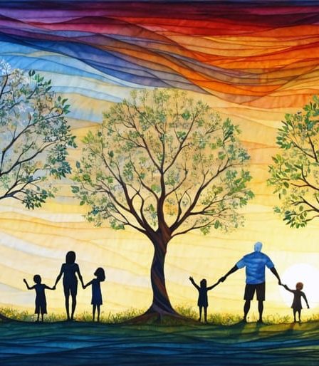 A conceptual illustration of a family tree depicting various stages of parenthood, including pregnancy, parenting young children, supporting teenagers, and enjoying empty nest life together, against a colorful background.