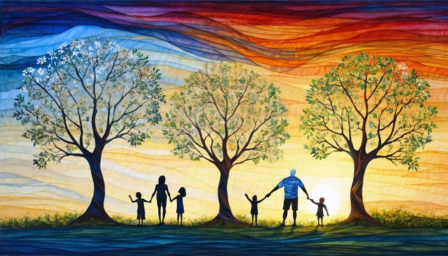 A conceptual illustration of a family tree depicting various stages of parenthood, including pregnancy, parenting young children, supporting teenagers, and enjoying empty nest life together, against a colorful background.
