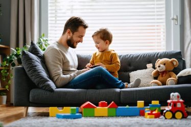 A couple having a meaningful conversation in their living room while their child plays nearby, representing the balance of relationship and parenthood.