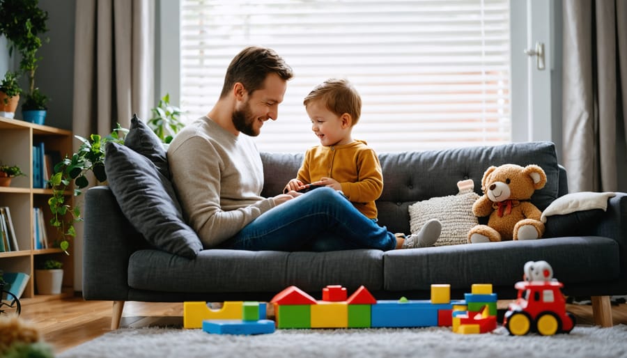 A couple having a meaningful conversation in their living room while their child plays nearby, representing the balance of relationship and parenthood.