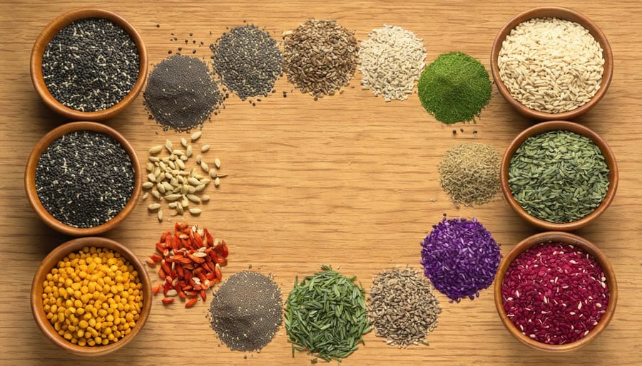 An artistic arrangement of chia, flax, pumpkin, and hemp seeds in colorful bowls on a wooden surface, depicting their nutritional benefits.