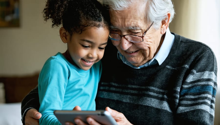Adult daughter teaching senior mother to use a tablet, demonstrating supportive yet independent relationship