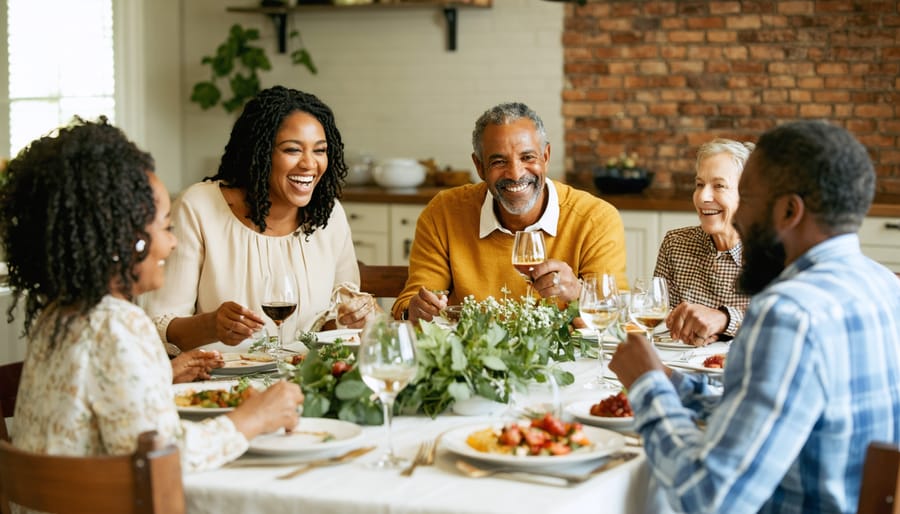 A multi-generational family engaging in conversation around a dinner table, enjoying a meal together without electronic devices, illustrating the theme of strengthening family bonds through improved communication.