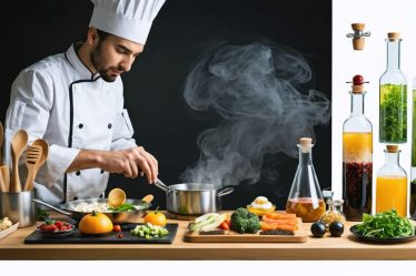 A home cook experimenting with culinary techniques in a modern kitchen, showcasing tools for sous vide, molecular gastronomy, and flavor layering, blending traditional and innovative cooking methods.