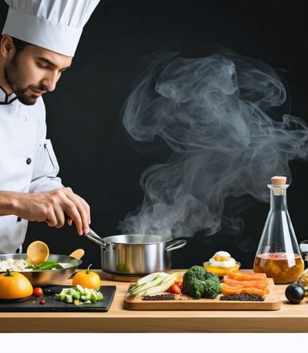 A home cook experimenting with culinary techniques in a modern kitchen, showcasing tools for sous vide, molecular gastronomy, and flavor layering, blending traditional and innovative cooking methods.