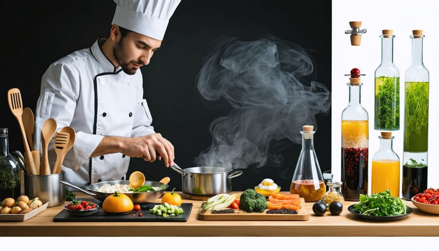 A home cook experimenting with culinary techniques in a modern kitchen, showcasing tools for sous vide, molecular gastronomy, and flavor layering, blending traditional and innovative cooking methods.