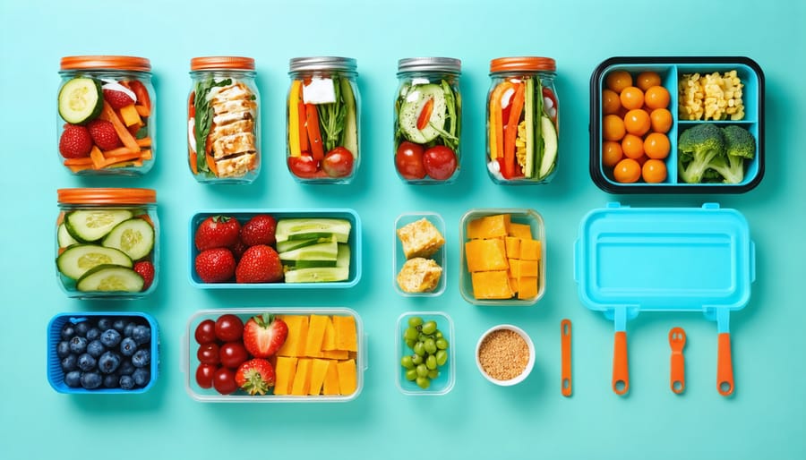 Collection of travel-friendly meal prep containers including leak-proof containers and reusable tools