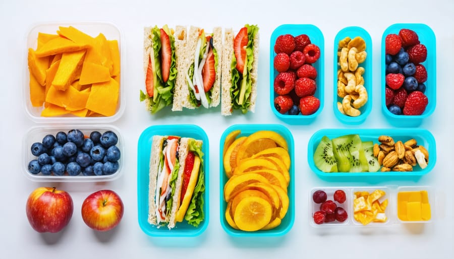 Airport-friendly meal prep items and snacks arranged on a table