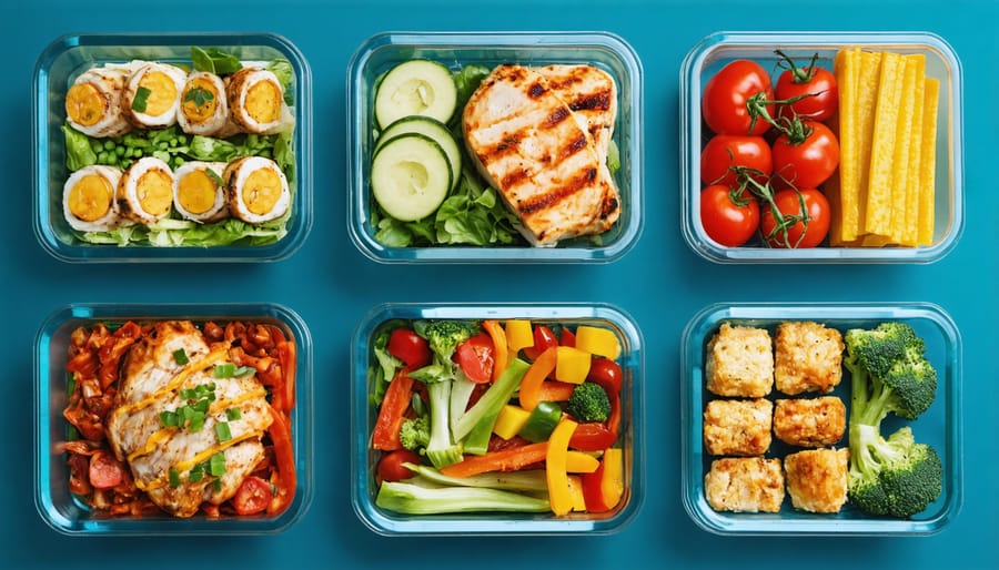 Various prepared meals showing creative transformations of batch-cooked ingredients