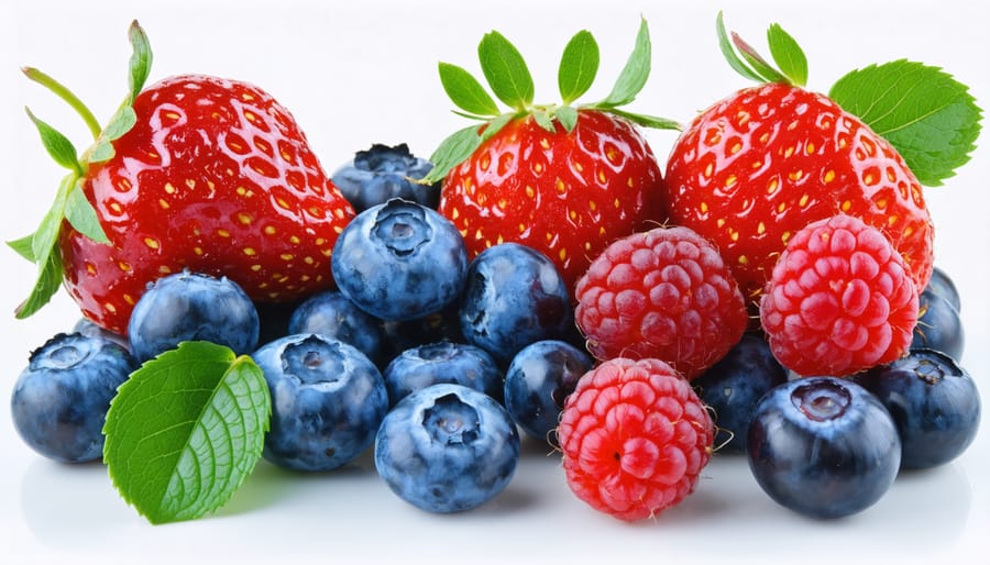 A visually appealing assortment of fresh blueberries, strawberries, raspberries, and blackberries, showcasing their vibrant colors and natural sheen on a clean white background.