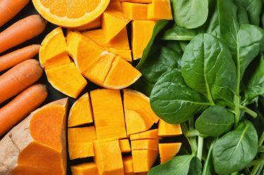 A vibrant array of orange and yellow vegetables including carrots, sweet potatoes, and butternut squash, complemented by fresh leafy greens like spinach and kale, showcasing their rich beta-carotene content.