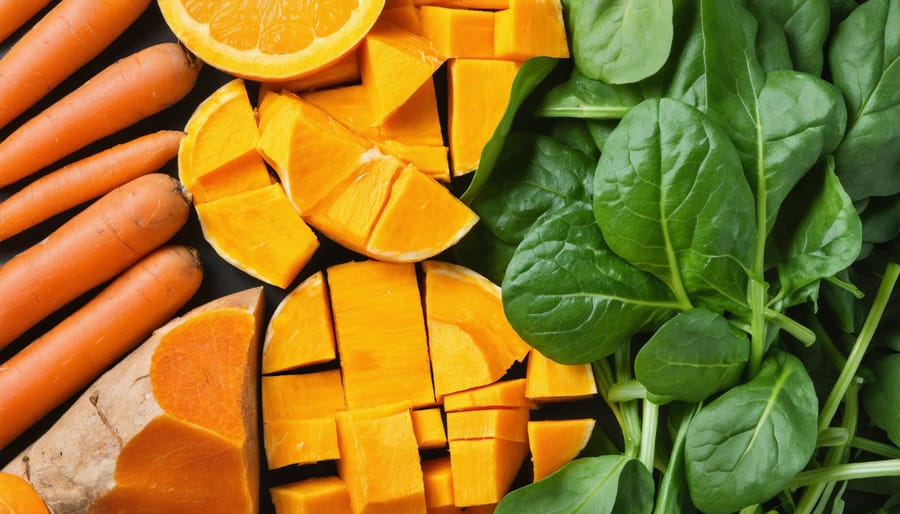 A vibrant array of orange and yellow vegetables including carrots, sweet potatoes, and butternut squash, complemented by fresh leafy greens like spinach and kale, showcasing their rich beta-carotene content.