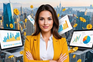 A dynamic image of a successful woman entrepreneur surrounded by digital financial tools and documents, symbolizing the journey towards financial mastery and empowerment.