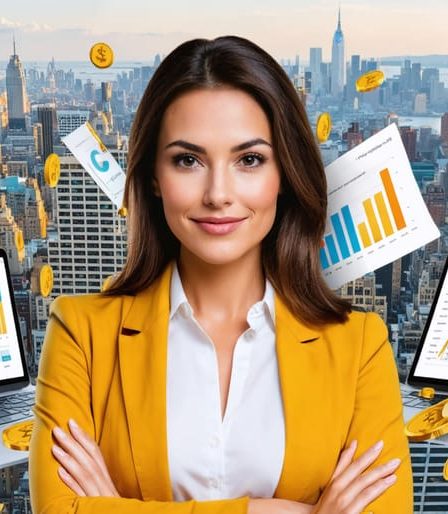 A dynamic image of a successful woman entrepreneur surrounded by digital financial tools and documents, symbolizing the journey towards financial mastery and empowerment.