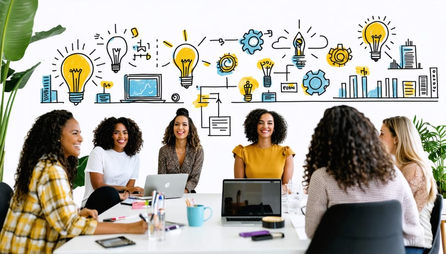 Group of diverse women entrepreneurs exchanging ideas in a vibrant coworking space, symbolizing innovation and empowerment in entrepreneurship.