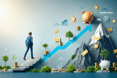 Conceptual illustration showing a young adult's journey towards financial freedom, with a roadmap featuring budgeting, investment, and savings milestones.
