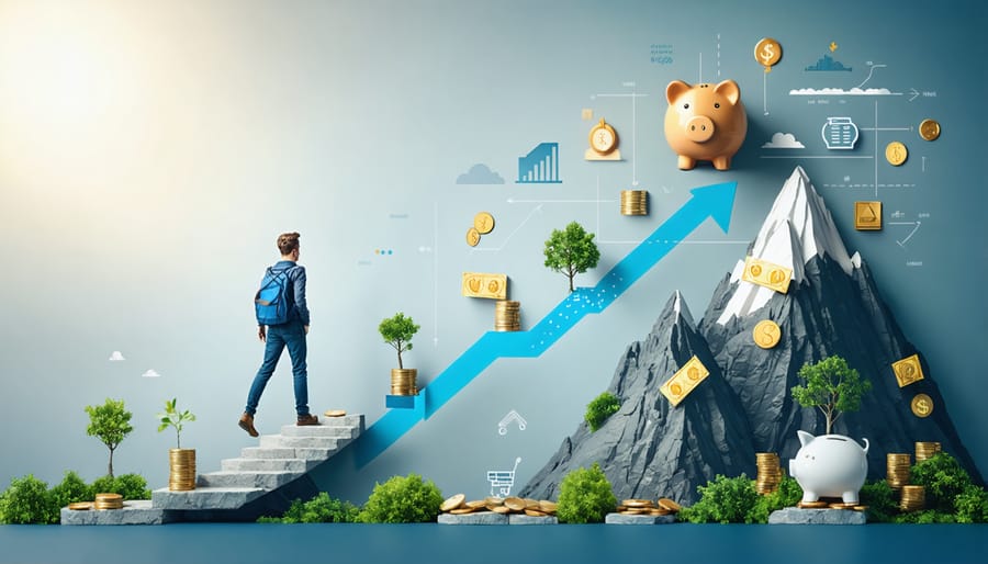 Conceptual illustration showing a young adult's journey towards financial freedom, with a roadmap featuring budgeting, investment, and savings milestones.
