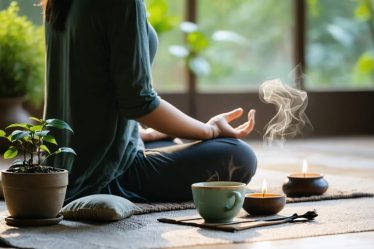 A person meditating in a peaceful home setting, sitting cross-legged on a cushion with relaxed shoulders, surrounded by elements of tranquility like a lit candle, a potted plant, and a cup of tea.