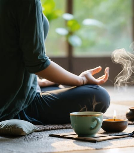 A person meditating in a peaceful home setting, sitting cross-legged on a cushion with relaxed shoulders, surrounded by elements of tranquility like a lit candle, a potted plant, and a cup of tea.