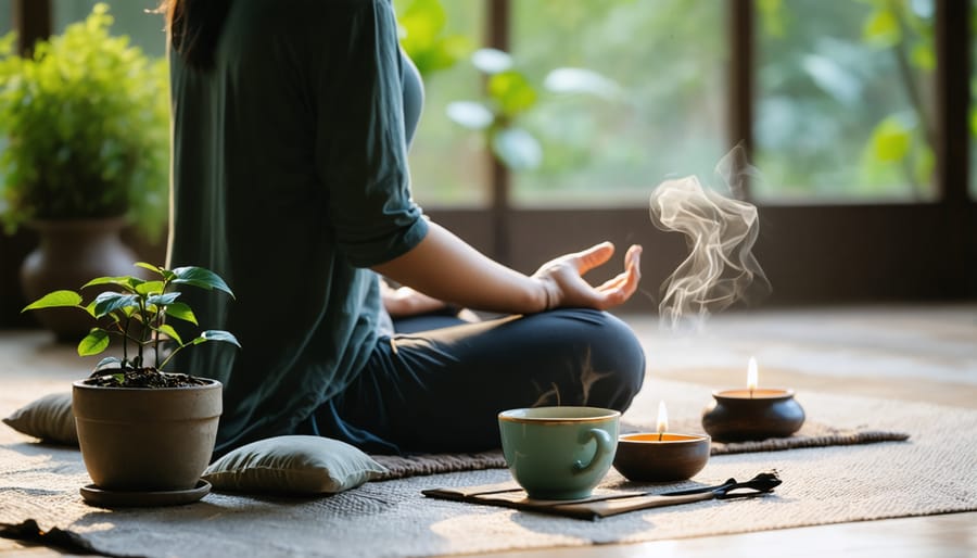 A person meditating in a peaceful home setting, sitting cross-legged on a cushion with relaxed shoulders, surrounded by elements of tranquility like a lit candle, a potted plant, and a cup of tea.