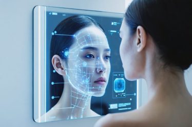 High-tech smart mirror with AI-enhanced skin analysis display, representing the integration of advanced technology in skincare routines.