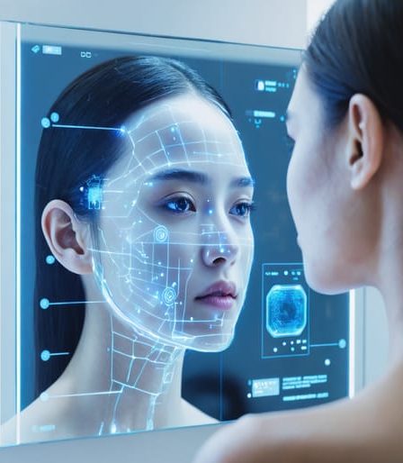 High-tech smart mirror with AI-enhanced skin analysis display, representing the integration of advanced technology in skincare routines.