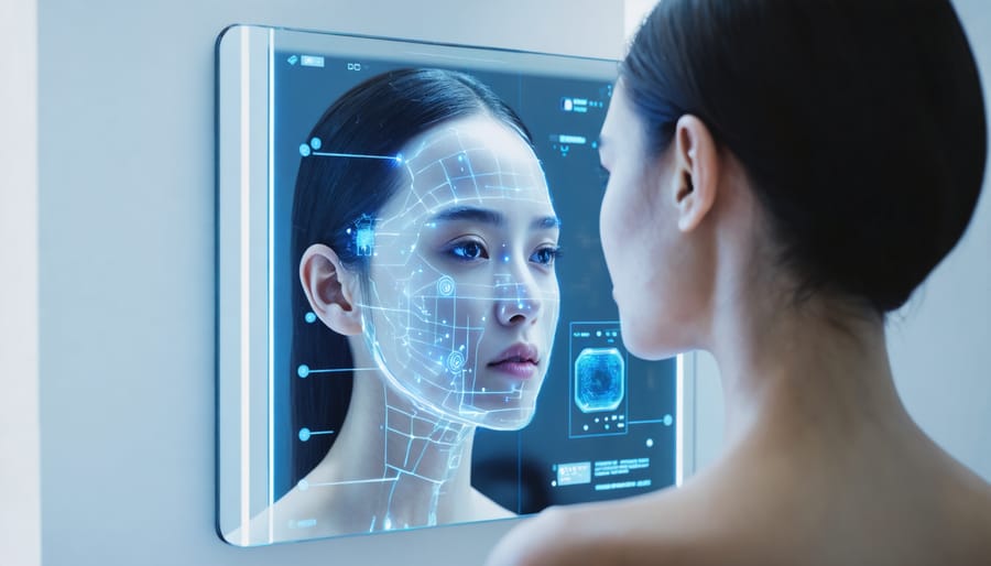 High-tech smart mirror with AI-enhanced skin analysis display, representing the integration of advanced technology in skincare routines.