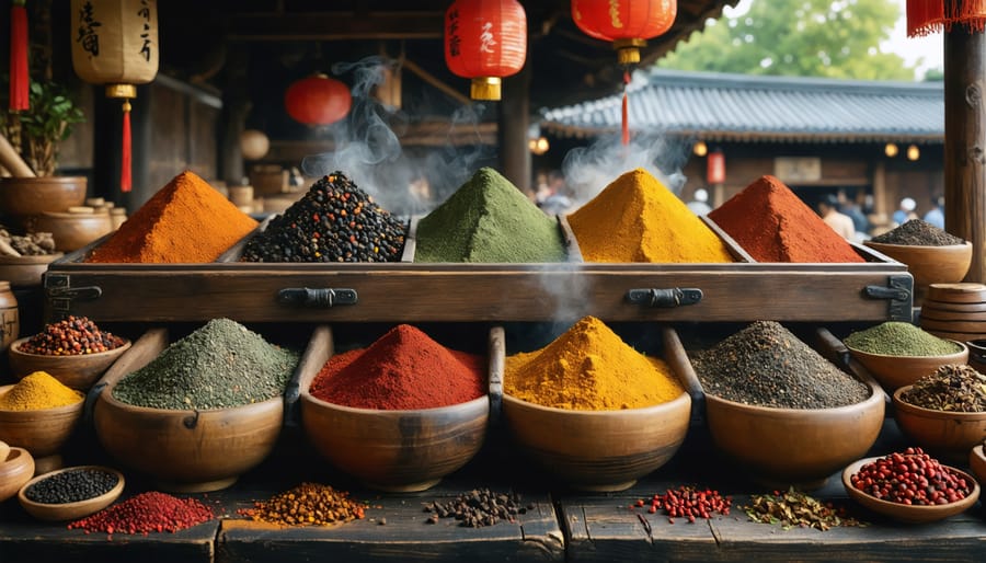 A historical depiction of an Edo-period Japanese market stall displaying a traditional wooden spice box filled with the vibrant seven spices of shichimi togarashi, with delicate steam rising and lanterns in the background.