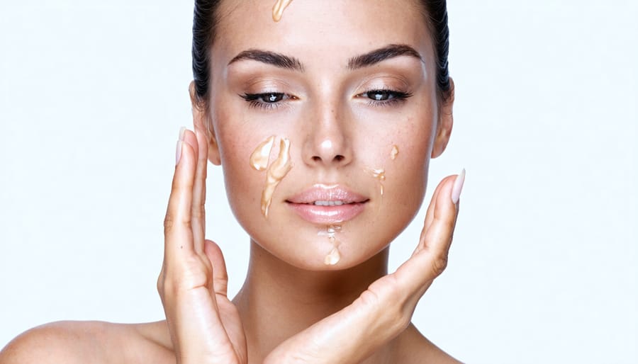 Woman gently applying natural facial oil using fingertips in upward motions