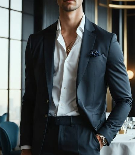 Person transitioning from a corporate office meeting to an evening dinner, wearing luxurious athleisure pieces crafted from sustainable materials, blending performance, comfort, and style.