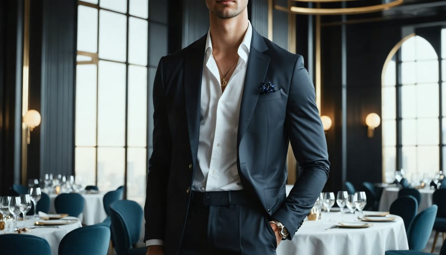 Person transitioning from a corporate office meeting to an evening dinner, wearing luxurious athleisure pieces crafted from sustainable materials, blending performance, comfort, and style.