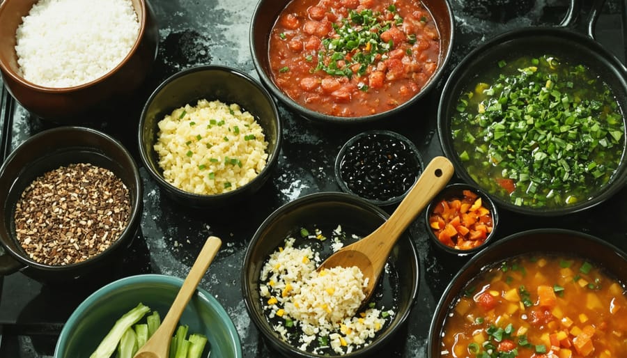 Multiple pots and pans with prepared ingredients for batch cooking