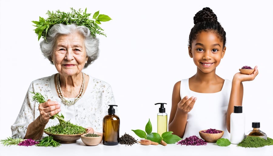 Split image comparing traditional and modern beauty practices across generations