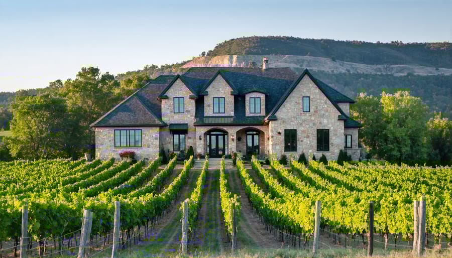 Modern limestone winery building of Belle Joli set against rolling vineyard hills