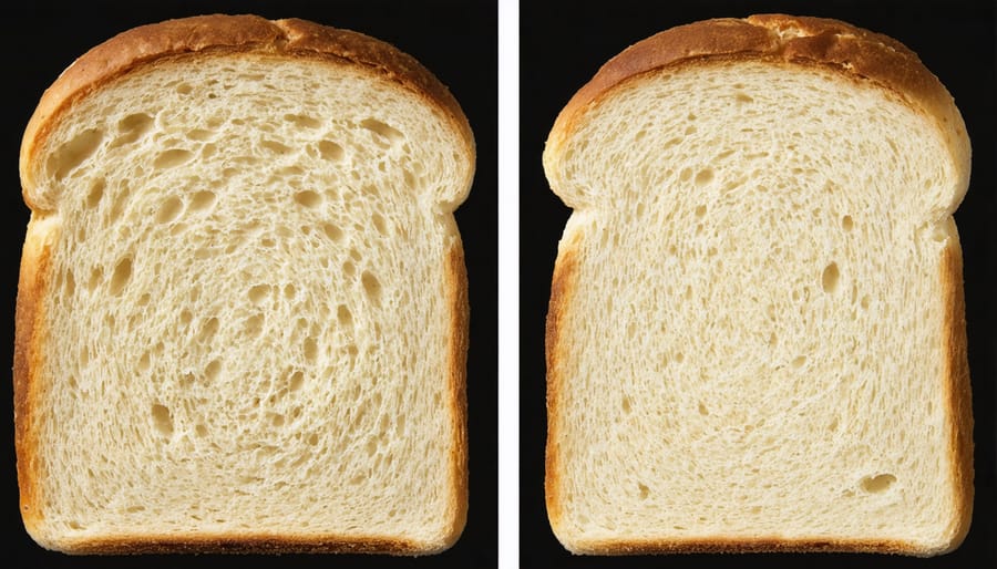 Side-by-side cross-section of regular white bread versus Japanese milk bread showing finer, fluffier texture