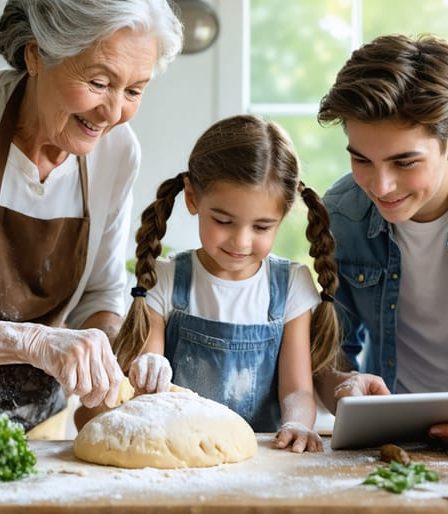 A multi-generational family gathered around a kitchen table; a grandmother teaches her granddaughter to knead dough, a father shares a barbecue recipe with his son, and a teenager helps an elder with a tablet.