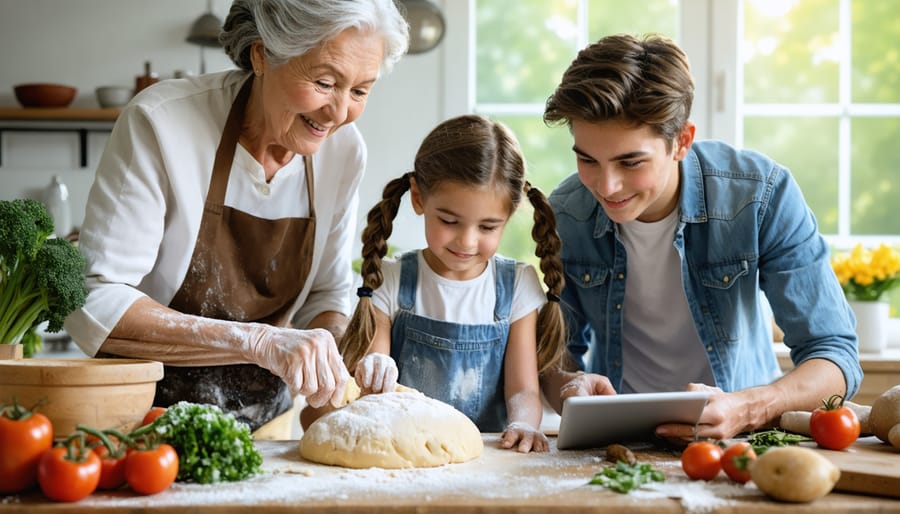 A multi-generational family gathered around a kitchen table; a grandmother teaches her granddaughter to knead dough, a father shares a barbecue recipe with his son, and a teenager helps an elder with a tablet.
