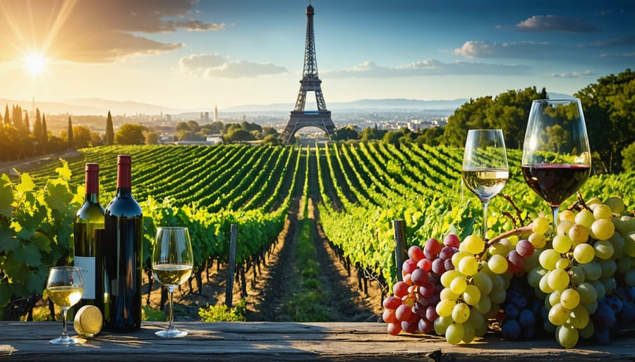 An illustration combining California vineyards and Paris landmarks, representing the global impact and connection forged by the Judgment of Paris wine tasting event.