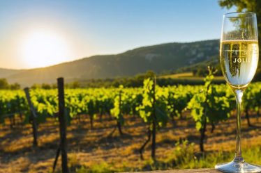 Champagne flute filled with sparkling wine set against a vibrant South Dakota vineyard backdrop, highlighting European elegance and American innovation.