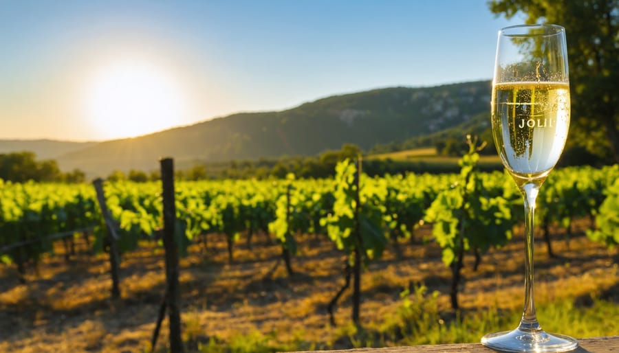Champagne flute filled with sparkling wine set against a vibrant South Dakota vineyard backdrop, highlighting European elegance and American innovation.