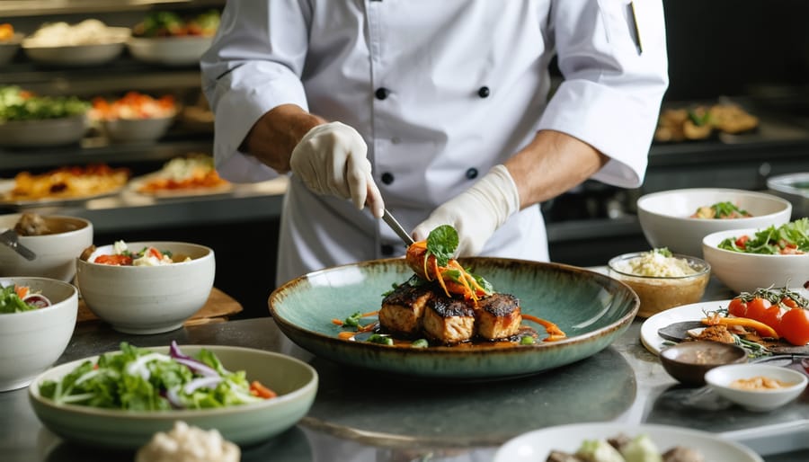 Professional chef explaining dish preparation to engaged diners at an intimate counter setting