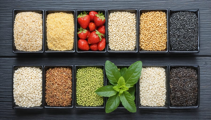 Collection of plant-based complete protein sources arranged on a wooden surface