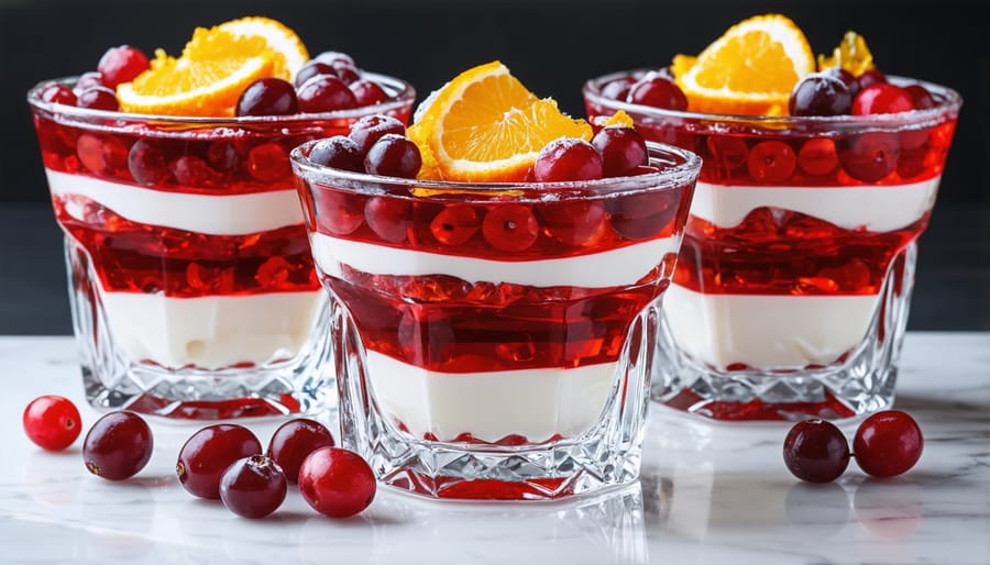 Elegant layered cranberry and orange jello dessert with fruit garnish