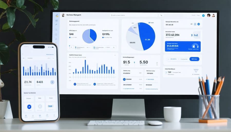 Digital tools and applications for small business management displayed on computer screens
