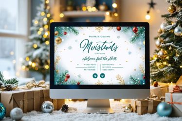 A computer displaying a festive digital invitation with animated festive elements like snowflakes and ornaments, set against a cozy winter backdrop symbolizing eco-friendly practices.
