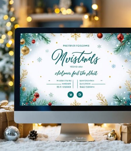 A computer displaying a festive digital invitation with animated festive elements like snowflakes and ornaments, set against a cozy winter backdrop symbolizing eco-friendly practices.