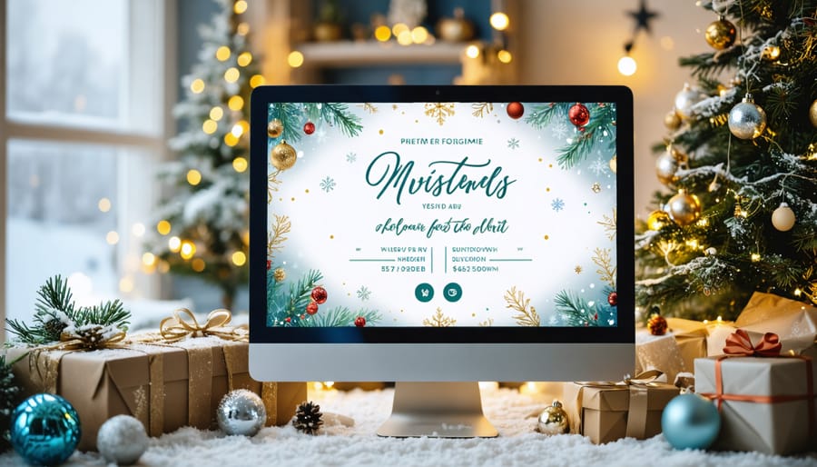 A computer displaying a festive digital invitation with animated festive elements like snowflakes and ornaments, set against a cozy winter backdrop symbolizing eco-friendly practices.