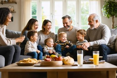 A diverse family of different generations gathered in a cozy living room, demonstrating active listening and engagement while sharing smiles and maintaining open body language.