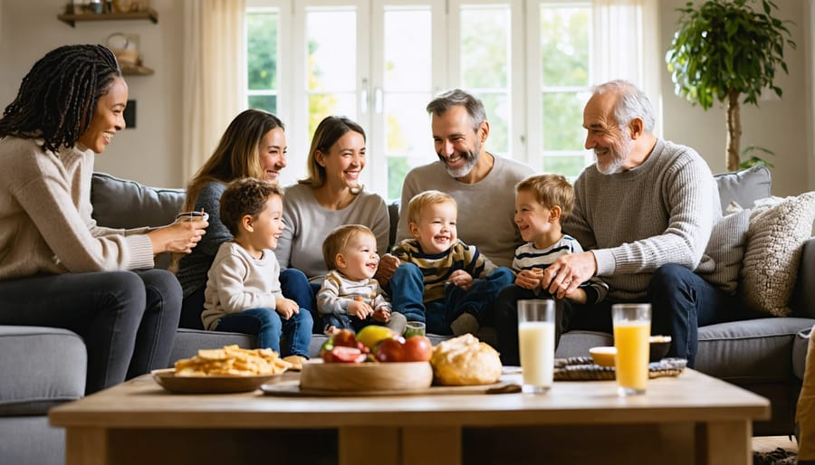 A diverse family of different generations gathered in a cozy living room, demonstrating active listening and engagement while sharing smiles and maintaining open body language.